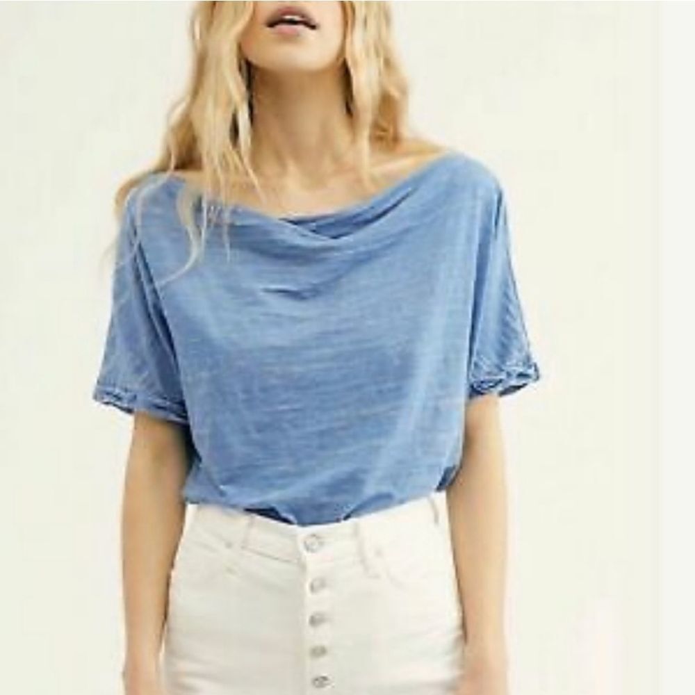 🔺️NWT Free People Astrid Blue Cowl Neck Short Sleeve Top Medium